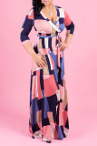Pink Sexy Print Patchwork V Neck Waist Skirt Dresses