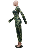 Green Street Print Leopard O Neck Long Sleeve Two Pieces