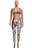 Wine Red Fashion Sexy adult Ma'am Patchwork Print Two Piece Suits pencil Sleeveless Two Pieces