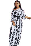 White Casual 3/4 Length Sleeves V Neck A-Line Ankle-Length Print Dresses