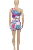 Purple Street Geometric Print Patchwork Oblique Collar Sleeveless Two Pieces