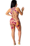 Blue Sexy Hollow Asymmetrical Camouflage Backless Print Chemical fiber blend Sleeveless O Neck Rompers