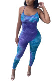 Blue Fashion street Tie-dyed Milk. Sleeveless Slip Jumpsuits