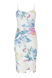 White Fashion Sexy Spaghetti Strap Sleeveless Slip Step Skirt Knee-Length Patchwork Print Club Dresses