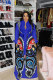 Blue Sexy Fashion Long Sleeves V Neck Floor-Length Patchwork 