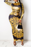 Multicolor Sexy Print Patchwork Half A Turtleneck Pencil Skirt Dresses