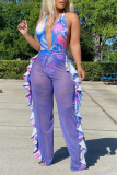 Purple Sexy Print Hollowed Out Patchwork Swimwears