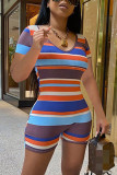 Blue Fashion Casual Striped Print Basic O Neck Skinny Romper