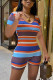 Blue Fashion Casual Striped Print Basic O Neck Skinny Romper