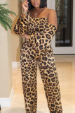 Yellow Sexy Street Leopard Patchwork Print asymmetrical Loose Nine Sleeves Two Pieces
