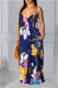 Blue Sexy Print Patchwork Spaghetti Strap Straight Dresses