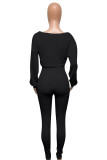 Black Active Europe and America Street Solid Skinny Long Sleeve Two Pieces