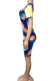 Fluorescent green Spandex Fashion Casual adult Ma'am O Neck Geometric Tie Dye Two Piece Suits Stitching Plus Size 