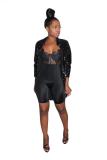Black Notched Sequin Patchwork Solid Pure Long Sleeve Blazer & Suits &Jacket