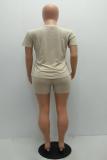 Khaki Casual Fashion Two Piece Suits Rainbow Solid Regular Short Sleeve Two-Piece Short Set