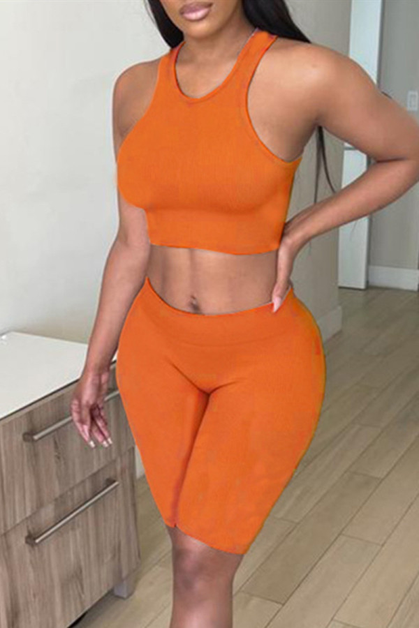 Orange Fashion Casual Solid Basic O Neck Sleeveless Two Pieces