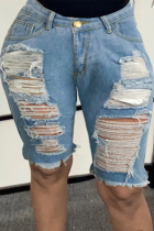 Blue Casual Solid Ripped Mid Waist Skinny Denim Shorts