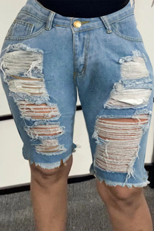 Blue Casual Solid Ripped Mid Waist Skinny Denim Shorts