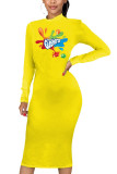 Yellow Fashion Casual Adult Print Patchwork O Neck Long Sleeve Knee Length A Line Dresses