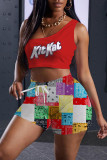 Pink Fashion Casual Print Basic One Shoulder Sleeveless Two Pieces