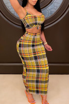 Yellow Sexy Plaid Print Patchwork Spaghetti Strap Sleeveless Two Pieces