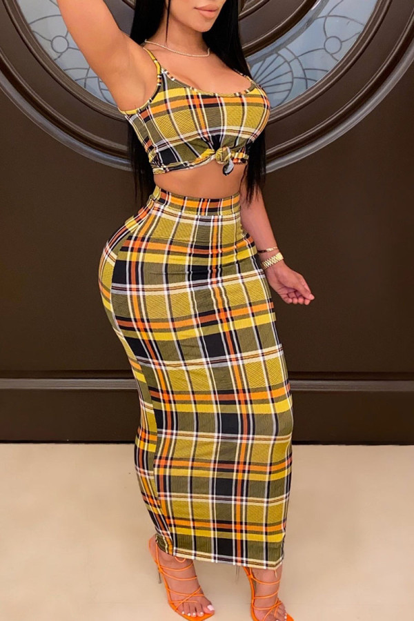 Yellow Sexy Plaid Print Patchwork Spaghetti Strap Sleeveless Two Pieces