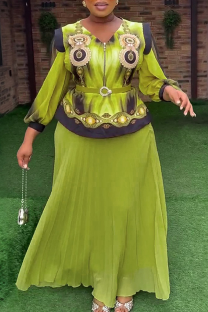 Green Elegant Print With Belt Pleated V Neck Plus Size Two Pieces