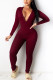 Wine Red Fashion Sexy Adult Solid Buttons V Neck Skinny Jumpsuits