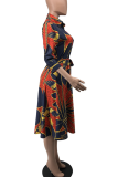 Red Casual Print Patchwork Turndown Collar Printed Dress Dresses