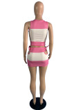 Pink Fashion Sexy Letter Print Hollowed Out V Neck Sleeveless Two Pieces