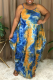 Blue Sexy Print Patchwork Spaghetti Strap Irregular Dress Plus Size Dresses