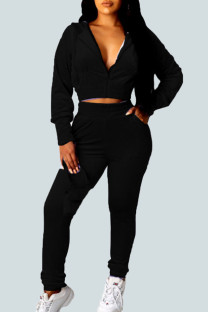 Black Sexy Gradual Change Solid Patchwork Hooded Collar Long Sleeve Regular Sleeve Short Two Pieces