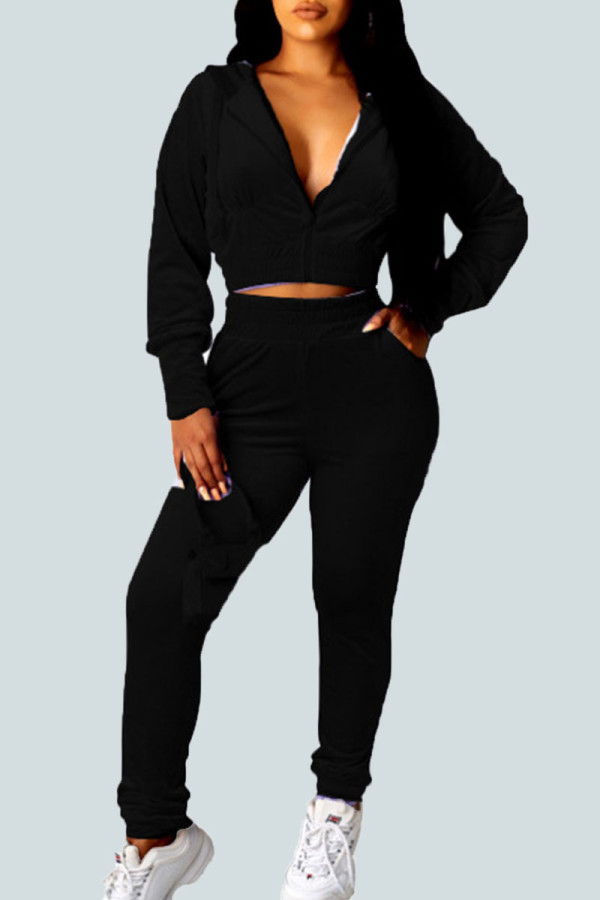 Black Sexy Gradual Change Solid Patchwork Hooded Collar Long Sleeve Regular Sleeve Short Two Pieces