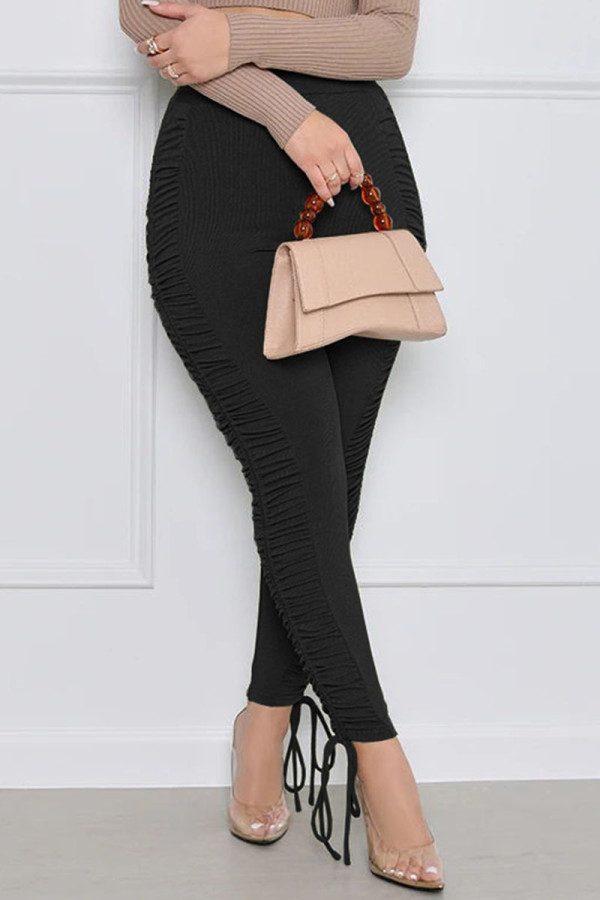 Black Street Solid Patch Fold Regular Mid Waist Pencil Bottoms