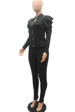 Orange Active Casual Patchwork Solid pencil Puff sleeve Two Pieces