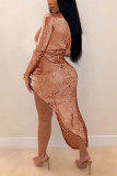 Pink Fashion Sexy Solid Sequins Patchwork V Neck Irregular Dress