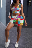 Pink Fashion Casual Print Basic One Shoulder Sleeveless Two Pieces