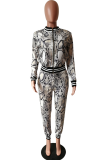 Snake Print Casual Animal Print Patchwork Zipper Collar Long Sleeve Two Pieces