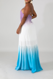 Multicolor Sexy Gradual Change Patchwork Spaghetti Strap Cake Skirt Dresses