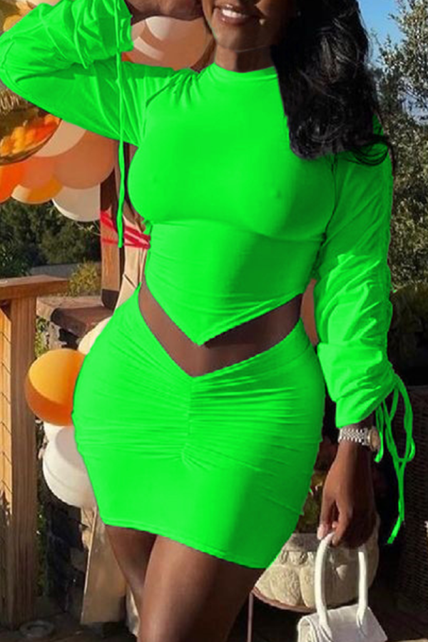 Green Sexy Solid Patchwork Half A Turtleneck Long Sleeve Two Pieces