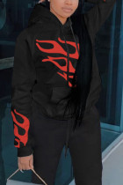 Black Street Print Hooded Collar Tops
