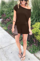 Coffee Fashion Sexy Solid Patchwork Short Sleeve one shoulder collar Rompers