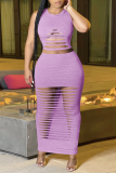 Burgundy Sexy Solid Ripped O Neck Sleeveless Two Pieces