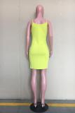 Yellow Fashion Sexy Spaghetti Strap Sleeveless Slip Sheath Knee-Length Solid Character asymmetric