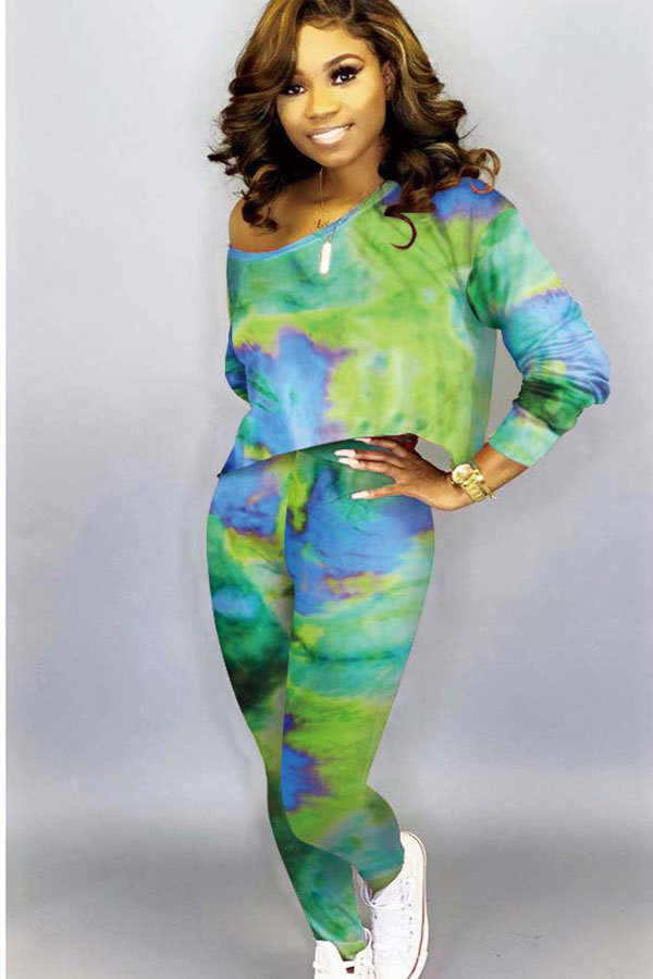 Green Sexy Two Piece Suits Print pencil Long Sleeve 