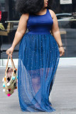 Blue Street O Neck Patchwork Print Mesh Stitching Plus Size