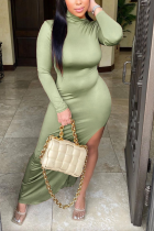 Green Casual Solid Slit Turtleneck Irregular Dress Dresses