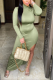 Green Casual Solid Slit Turtleneck Irregular Dress Dresses