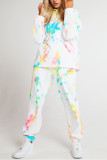 Blue Sportswear Spandex Blends Print Draw String Tie-dye Hooded Collar Long Sleeve Regular Sleeve Regular Two Pieces