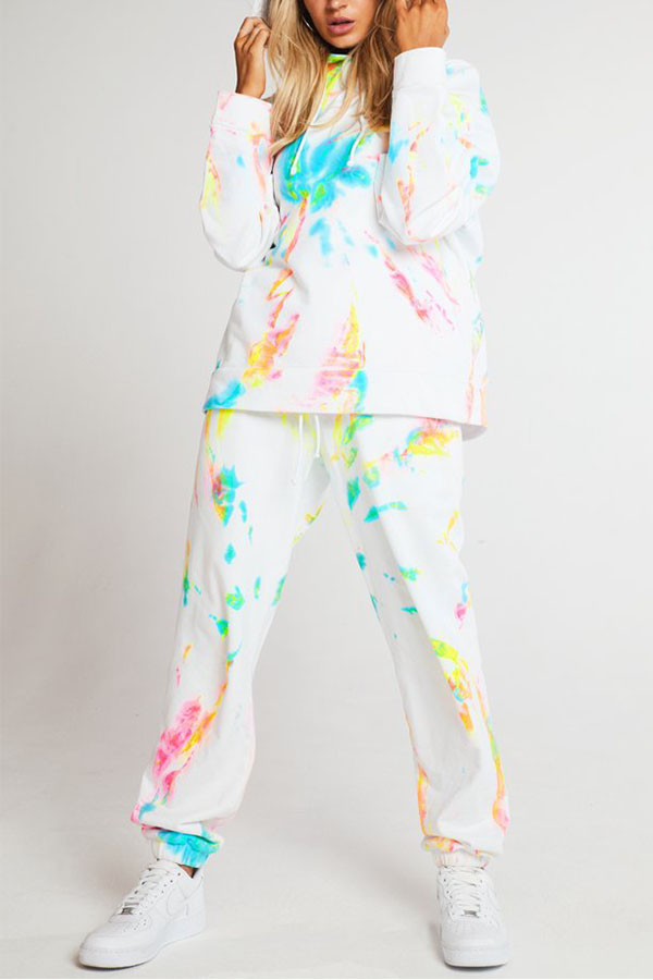 White Sportswear Spandex Blends Print Draw String Tie-dye Hooded Collar Long Sleeve Regular Sleeve Regular Two Pieces